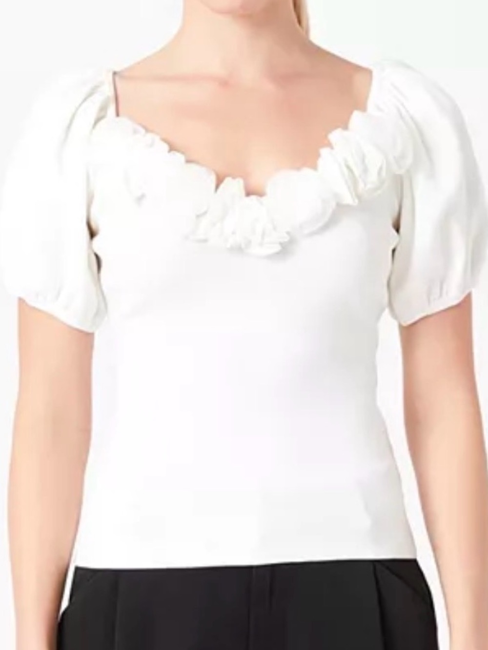 Endless Rose White Floral Applique Puff Sleeve Top
